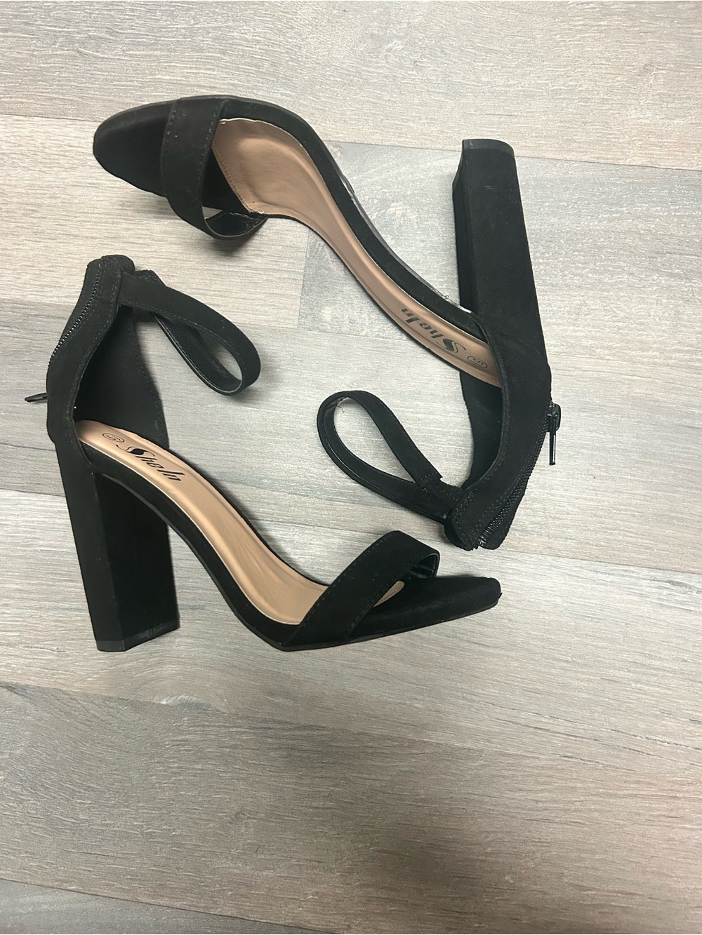 Black Suede Block Heel Sandals with Ankle Strap
